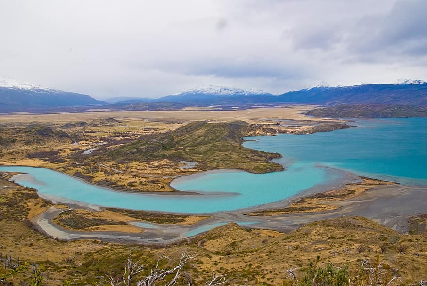 Chile, Patagonia, järvi, luonto, maisema, vuori, vesi, sininen, matkustaa, kesä, ruoho