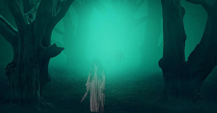 ハロウィン、ホラー、森林、神秘、霧、荒野、不気味な、架空の、キャラクター