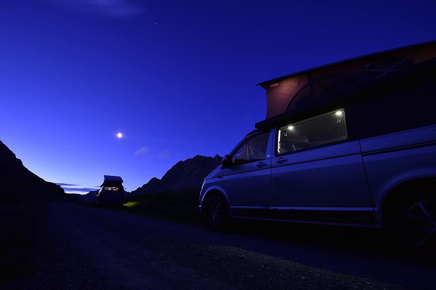 berkemah, bulan, malam, van kemping, mobil van, volkswagen, california, tenda, gelap, di luar ruangan, perjalanan