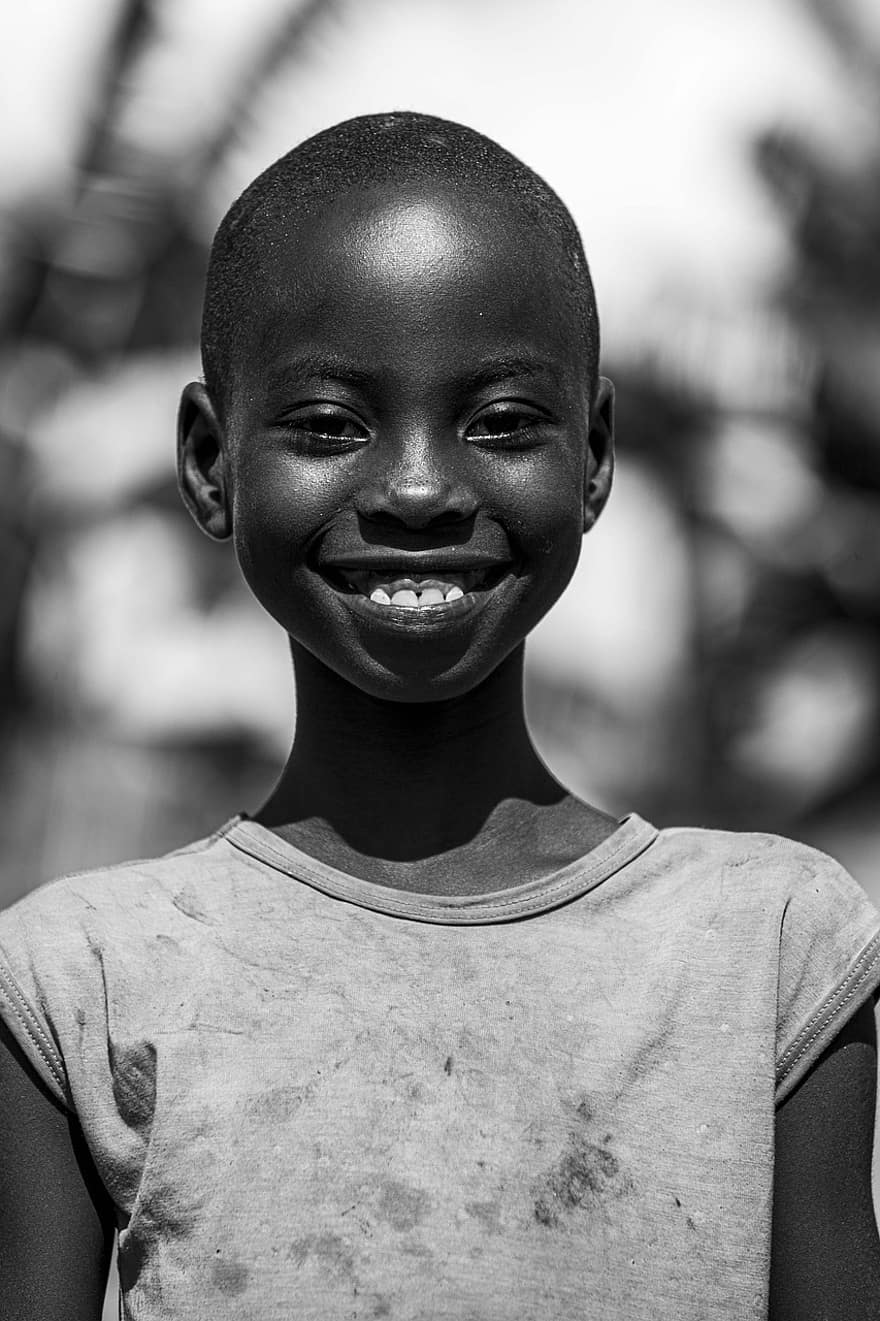 anak, Afrika, tersenyum, ekspresi, gadis, burundi, bujumbura, satu orang, potret, hitam dan putih, etnis Afrika