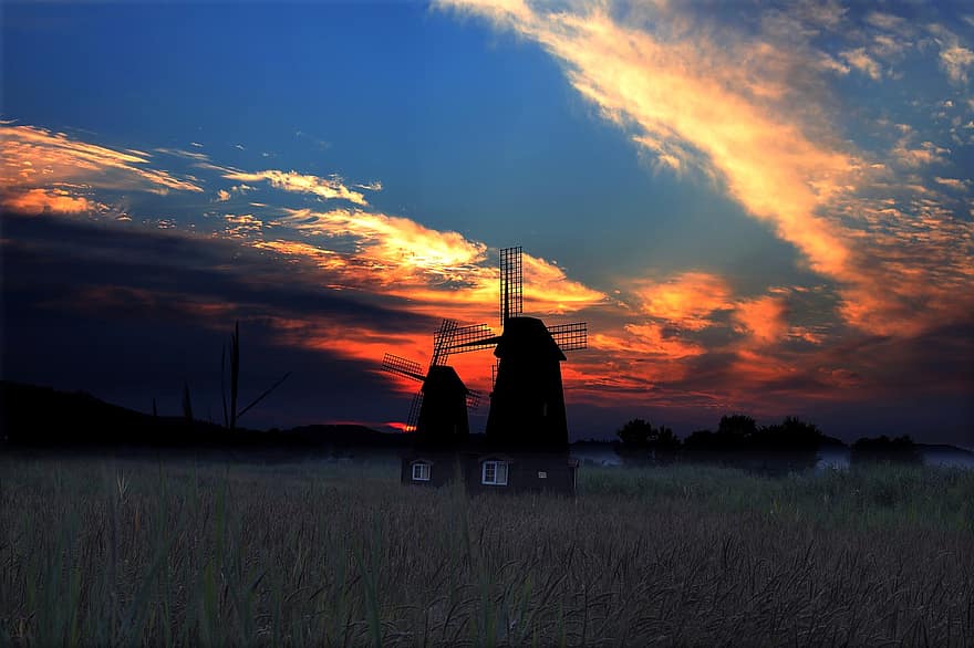 Windmühle, Himmel, Natur, ländlich, Dämmerung, Sonnenuntergang, Landschaft, ländliche Szene, Wolke, Sonne, Sonnenaufgang