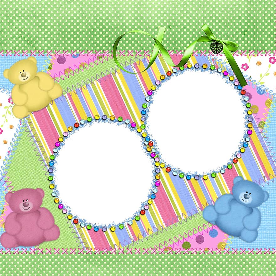 Background, Page, Frame, Scrapbook, Teddy, Bears, Striped, Stitched, Stitches, Green, Kids