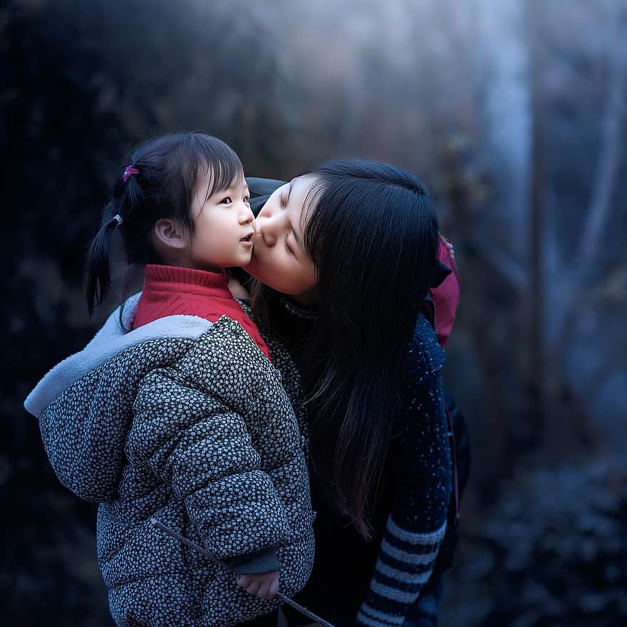 Mother And Daughter, Kiss, Affection, Family, smiling, child, happiness, cheerful, women, love, cute