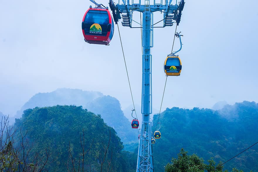 Mountain, Cable Car, Travel, Transport, Forest, Fog, Ha Noi, Chua Huong, Huong Pagoda, transportation, blue