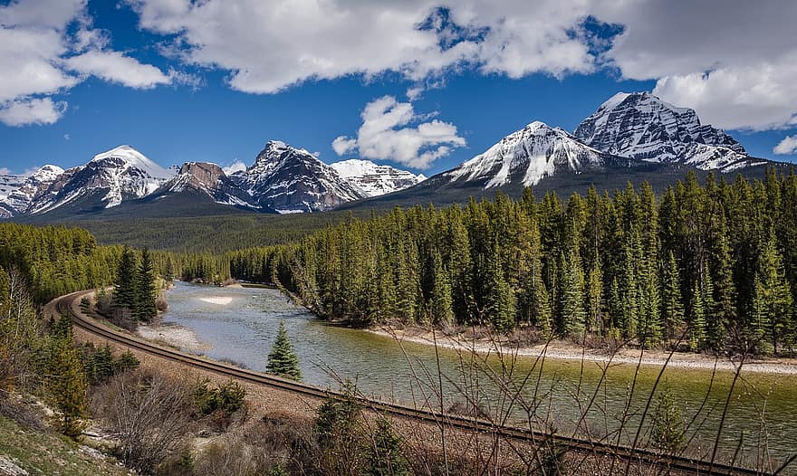 River, Railway, Mountains, Banff, Alberta, Canada, Trees, Fir, Conifers, Forest, Rail