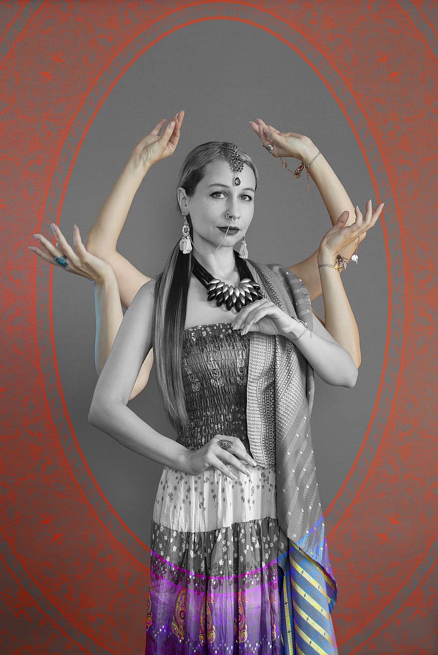 богиня, косплей, жінка, лакшмі, сарасваті, портрет, божество, Багаторука індійська богиня, сарі, традиційний одяг, індійський одяг