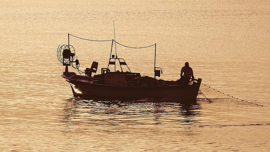 łódź, zachód słońca, Łódź rybacka, Wędkarstwo, rybak