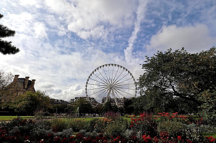 чортове колесо, міський пейзаж, архітектура, jardin des tuileries, Париж, Франція, квіти, рослини, дерева, хмари, небо