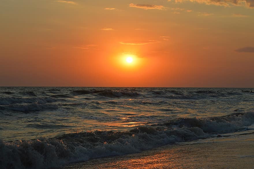 solnedgang, strand, hav, bølger, sol, sand, skyer, himmel, bjerg, skumring, horisont