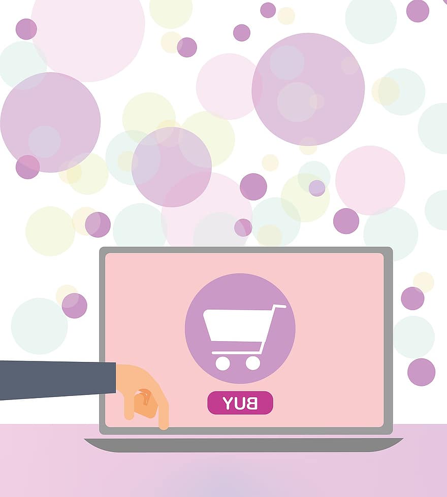 Laptop, Online Shopping, Circles, Bubbles, Shopping, Buy, Online Shop, Commerce, E-commerce, Advertising, Business