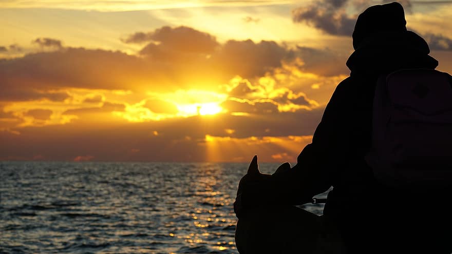 silueta, hombre, puesta de sol, perro, mar, Oceano, agua, horizonte, Dom, luz del sol, paisaje