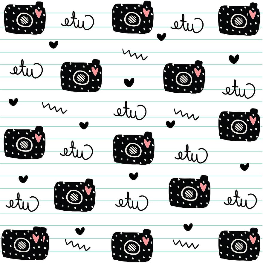Cute, Cameras, Doodles, Hand-drawn, Pattern, Scribbles, Hearts, Design, Seamless, Wallpaper, Background