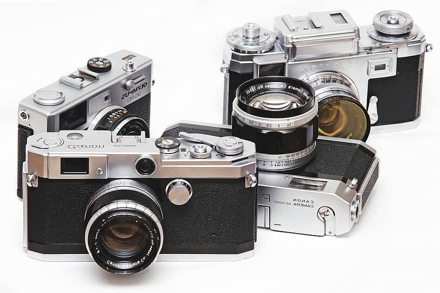 kameror, avståndsmätare, gammal, fotografi, kanon, olympus, gamla kameror, filmkameror, linser, fotoutrustning, filma