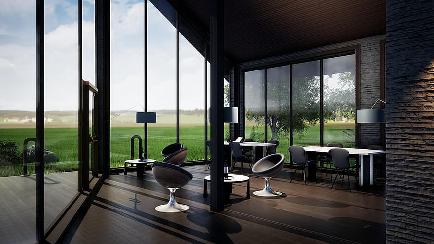 interieur ontwerp, cafe, 3d render, 3D-rendering, meubilair, tafels, stoelen