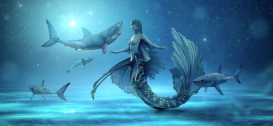 fantāzija, sirēna, haizivs, zivis, jūra, ūdens, zils, gaisma, noslēpumains, garastāvoklis, mistisks