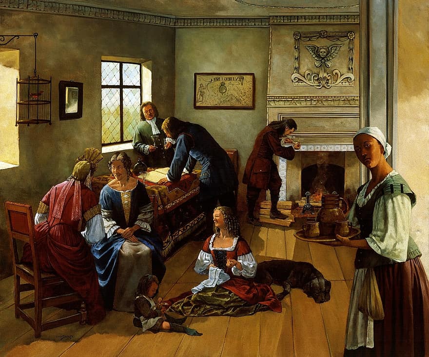 obraz, sztuka, 1690, virginia, rodzina, mężczyźni, kobiety, dziecko, pokojówka, niewolnik, wewnątrz