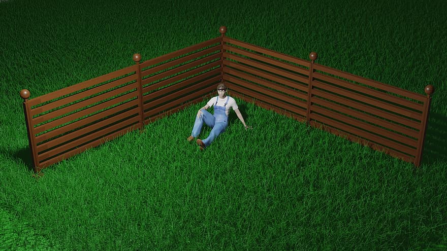 trávník, plot, odpočinek, muž, relaxace, jaro, pole, tráva, muži, louka, dospělý