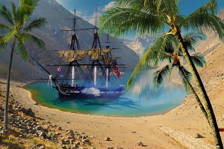 залив, пираты, парусная лодка, якорь, паруса, фантастика, южные моря, художественная литература, остров, морское судно, путешествовать