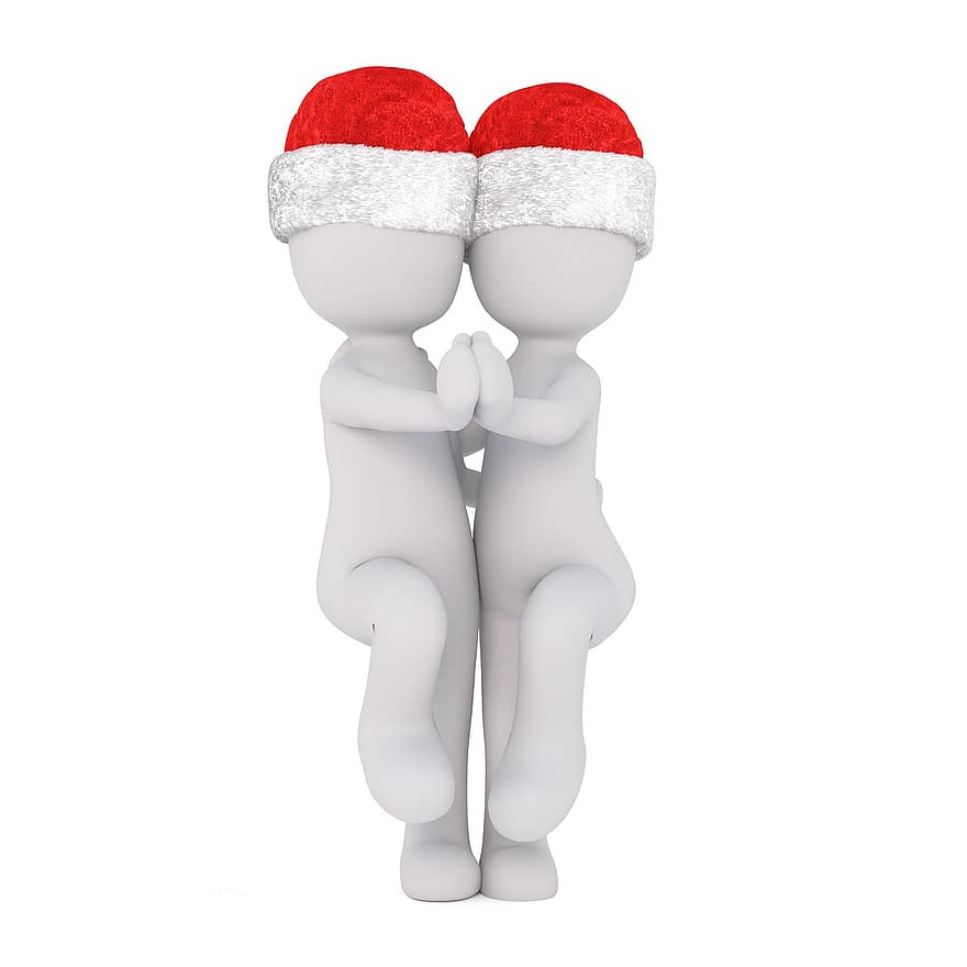 hombre blanco, blanco, figura, aislado, Navidad, modelo 3d, cuerpo completo, Sombrero de santa 3d, danza, pareja de baile, expresión