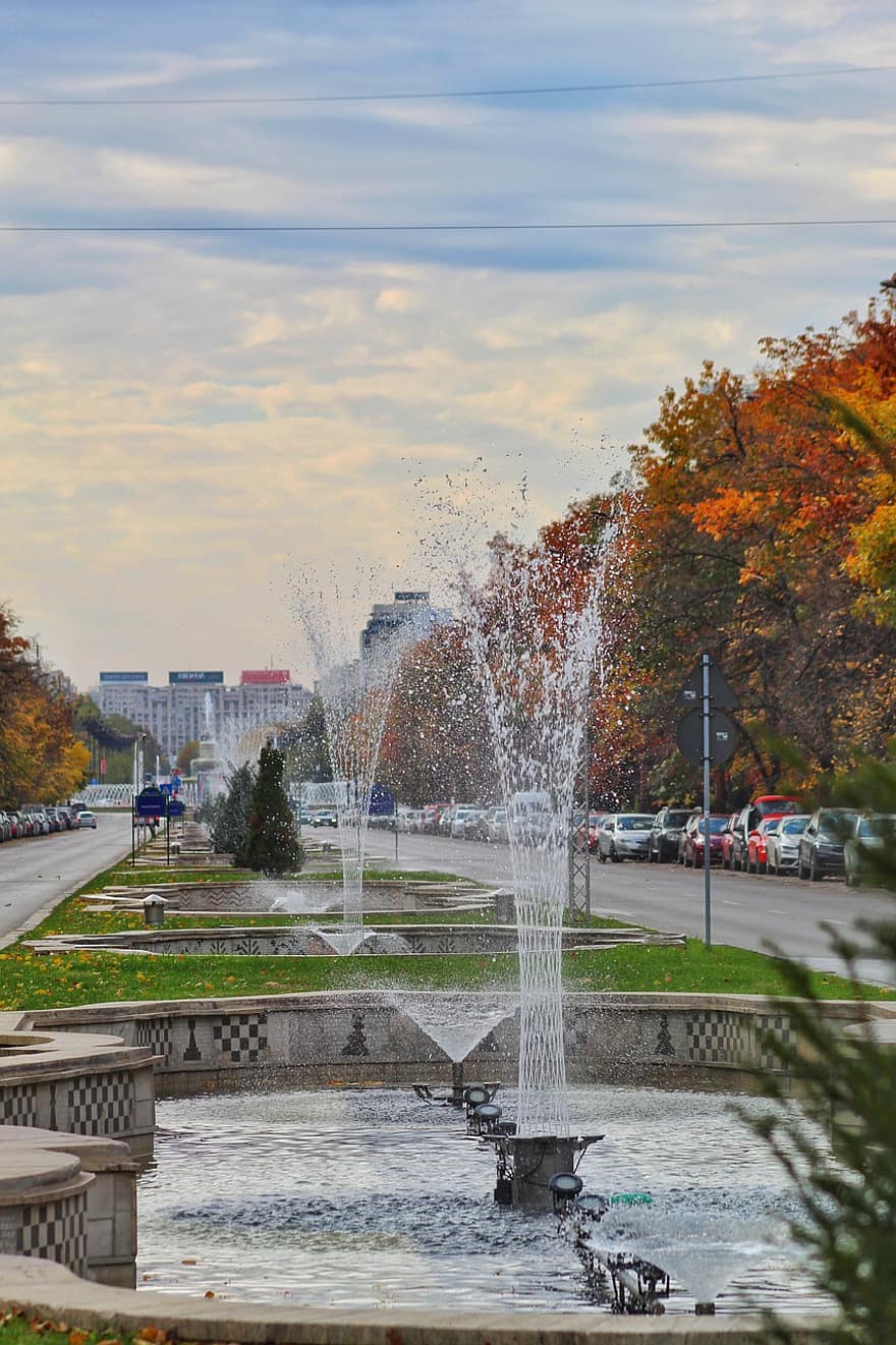 park, fontány, město, podzim