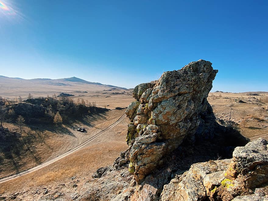Mountain, Cliff, Landscape, Baikal, Nature, Scenery, Rocks, Grasses, Steppe, Fall