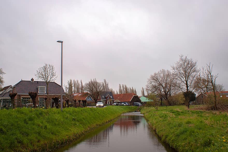 川、草、オランダ、シーダム、風景、自然、木、田園風景、水、ファーム、建築