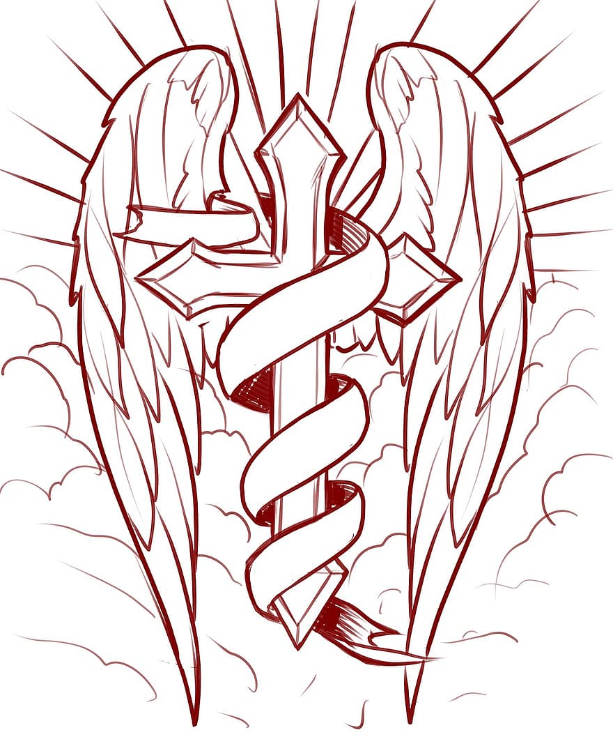 Cruz, asas, bandeira, leve, nuvens, religião, fé, esperança, tatuagem, desenhar, acreditam