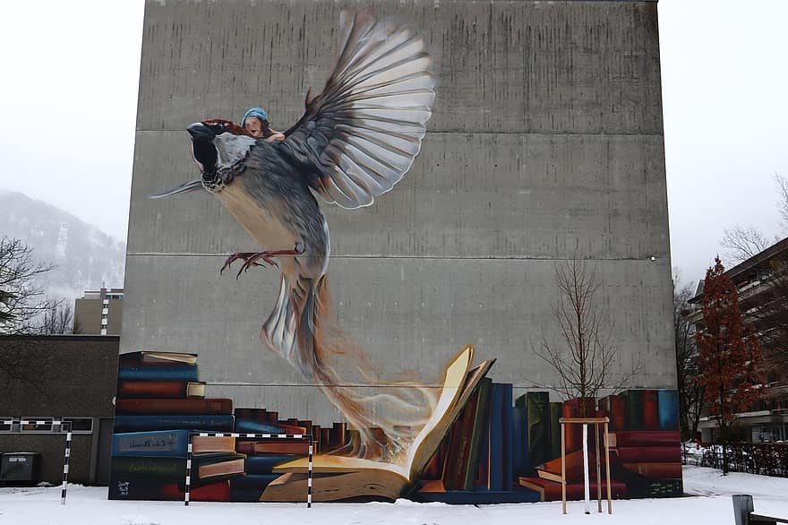 mural, urbano, pintada, la carretera, arte callejero, obra de arte, pájaro, arquitectura, invierno, exterior del edificio, volador