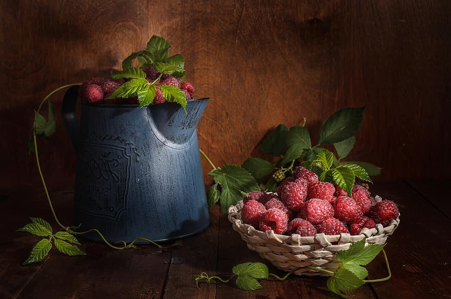 Raspberries, Fruit, Food, Leaves, Basket, Pitcher, Healthy, Harvest, Ripe, Fresh, leaf