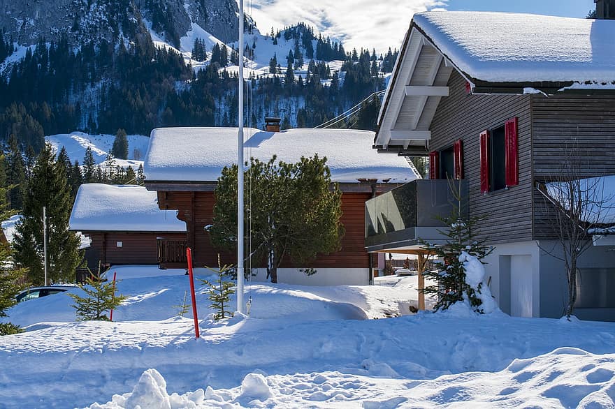บ้าน, หมู่บ้าน, ฤดูหนาว, หิมะ, กองหิมะที่ถูกลมพัดมากองไว้, ภูเขาแอลป์, ตัวเมือง, Brunni, ตำบลของ schwyz, ประเทศสวิสเซอร์แลนด์, ต้นไม้