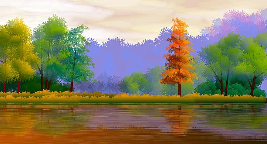 Landscape, Illustration, Nature, Lake, Rio, Water, Reflections, Color, Light, Sky, Clouds