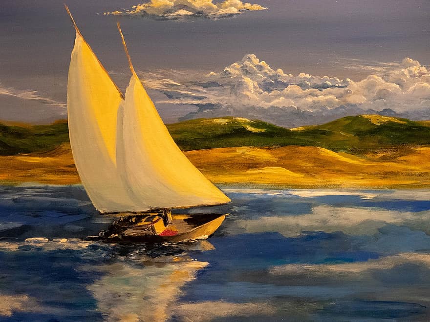 plachetnice, voda, moře, mraky, námořní, nebe, krajina, akrylové barvy, malované
