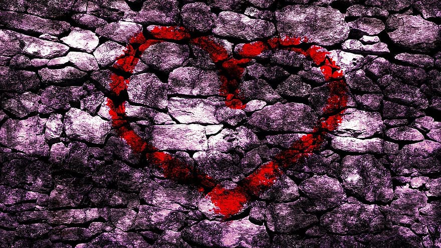 corazón, rojo, grunge, amor, pared, Pared de piedra, piedras, día de San Valentín, fondo, estructura, luz de la luna