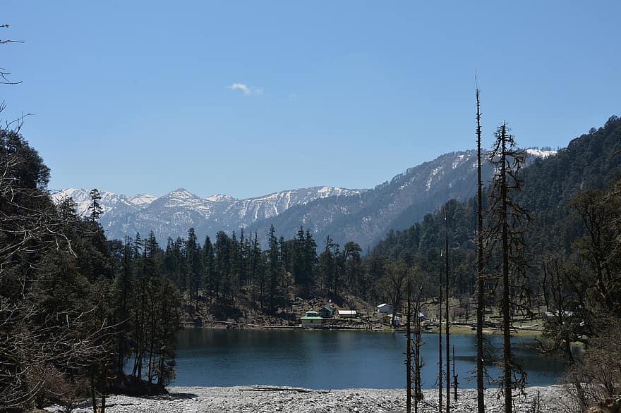 tó, hegyek, erdő, természet, tájkép, Gangotri, hegy, hó, fa, kék, téli