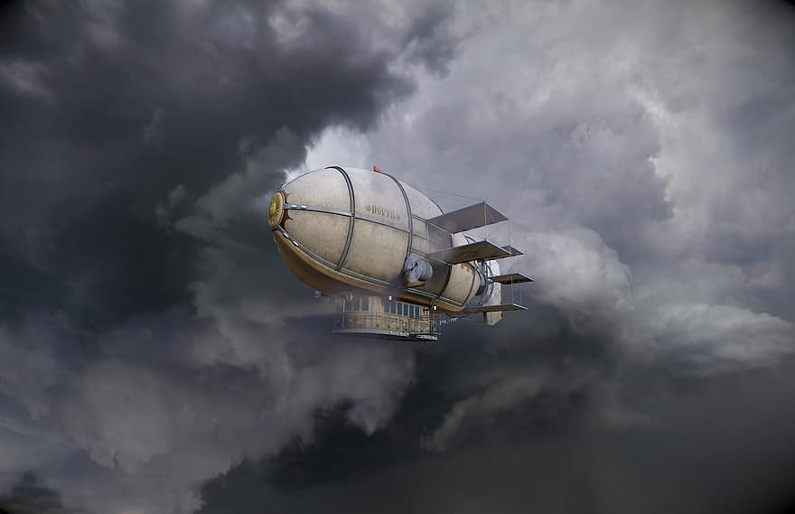 léghajó, repülőgép, steampunk, fantázia, repülő, felhők, ég, zeppelin, repülés, Dieselpunk, Atompunk