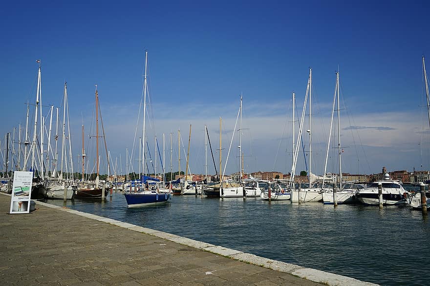 порт, лодки, банка, пристанище, платноходки, яхта, воден път, канал, град, голям канал, Венеция
