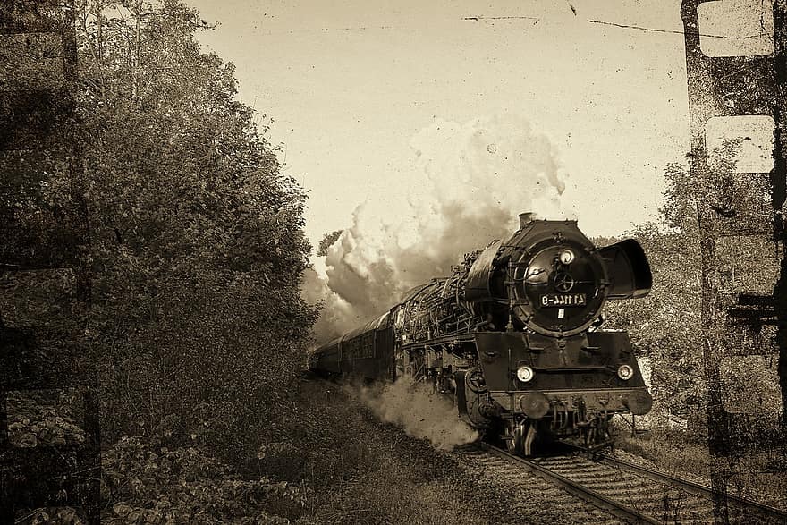 popędzać, Lokomotywa parowa, Zdjęcie historyczne, pociąg parowy, parowy, stary, staromodny, tory kolejowe, lokomotywa, antyczny, transport
