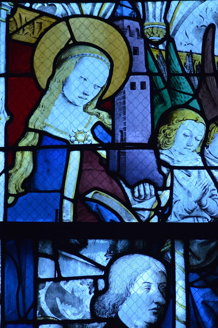 стъклопис, прозорец, църква, жена, светец, брада, кула, ореол, католически, вяра