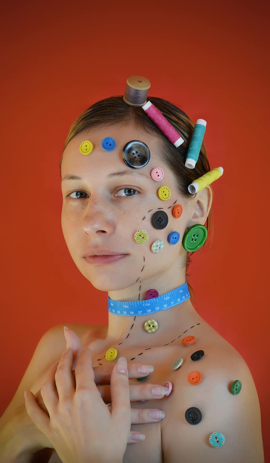 Buttons, Button, Model, Portrait, Woman, Women, Lady, Young Woman, Female Model, Sewing, The Seamstress