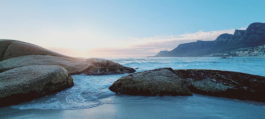 tramonto, oceano, riva, montagne, Sud Africa, Città del Capo, spiaggia, rocce, onde, mare, acqua