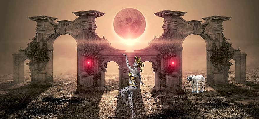 Danseur, tigre, ruines, lune, Soleil, éclipse, mystique, architecture, nuit, endroit célèbre, vieille ruine