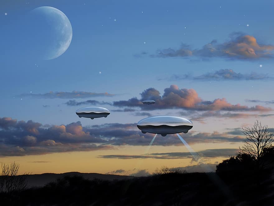måne, plads, stjerner, ufo, alien, flyvende tallerken, rumfartøj, rumskib, skyer, himmel, planet