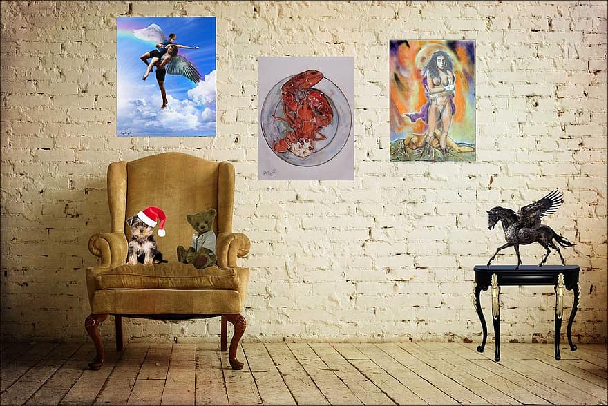 La peinture, art, fauteuil à oreilles, nature morte, acte, infographie, à l'intérieur, chambre domestique, illustration, bois, chaise