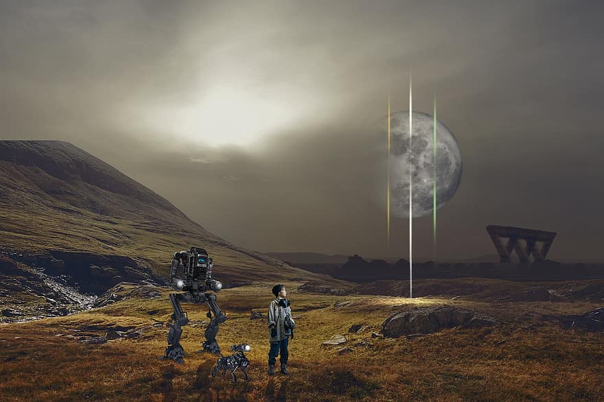 robot, sci-fi, temná obloha, slunce, chlapec, plynová maska, měsíc, krajina, hora, pes robot, Struktura mnohoúhelníku