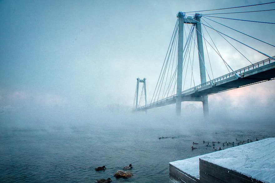 Bridge, River, Fog, Winter, Frost, Ducks, Cold, Clouds, Dusk, Sunset, Evening