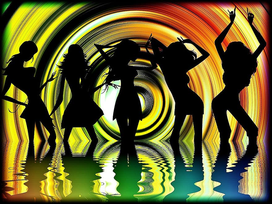 dans, silhouet, muziek-, vrouw, water, pret, feest