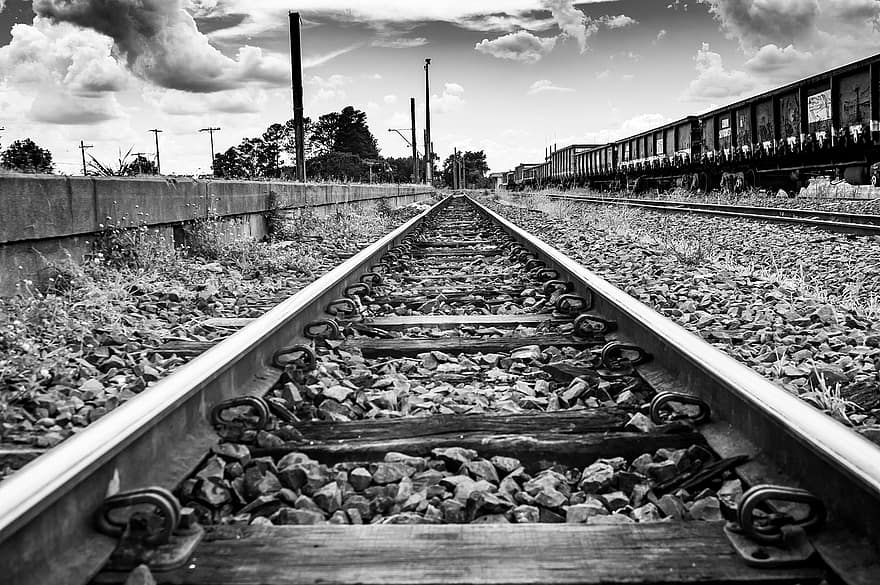 Railroad, Rails, Train, Locomotive, Subway, Transportation, railroad track, black and white, industry, steel, vanishing point