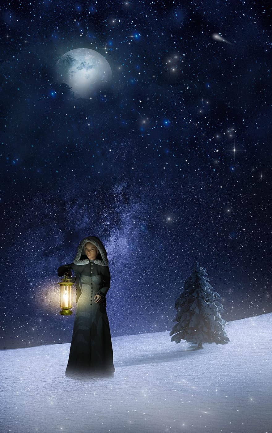 mujer, linterna, nieve, Luna, avatar, hembra, Avatar femenino, luz de la luna, estrellas, árbol, árbol de Navidad