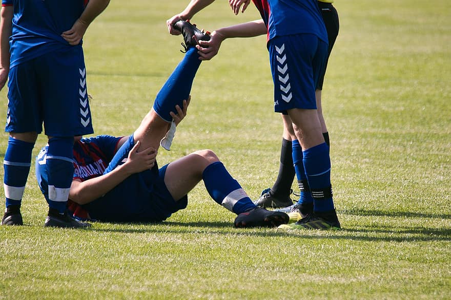 Fotbal, Křeč, zranění, bolest, koleno, noha, hráčů, sportovci