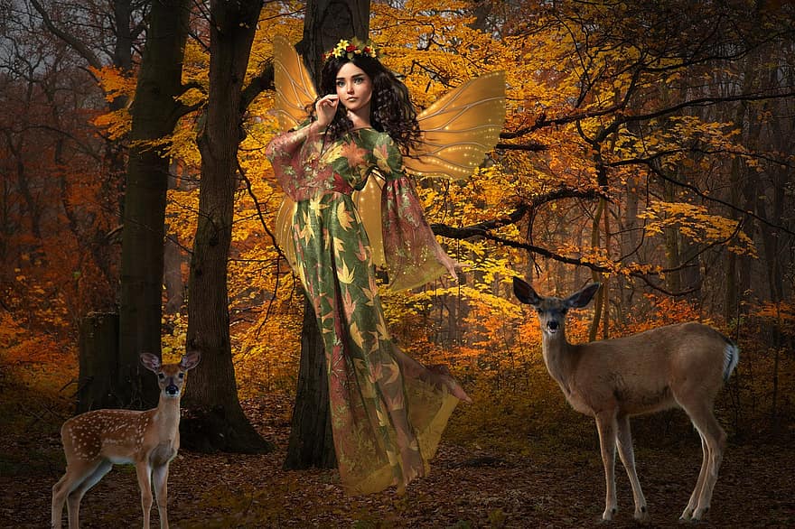 tło, las, Jesienny Anioł, jeleń, Fantazja, Płeć żeńska, postać, Sztuka cyfrowa, jesień, kobiety, drzewo